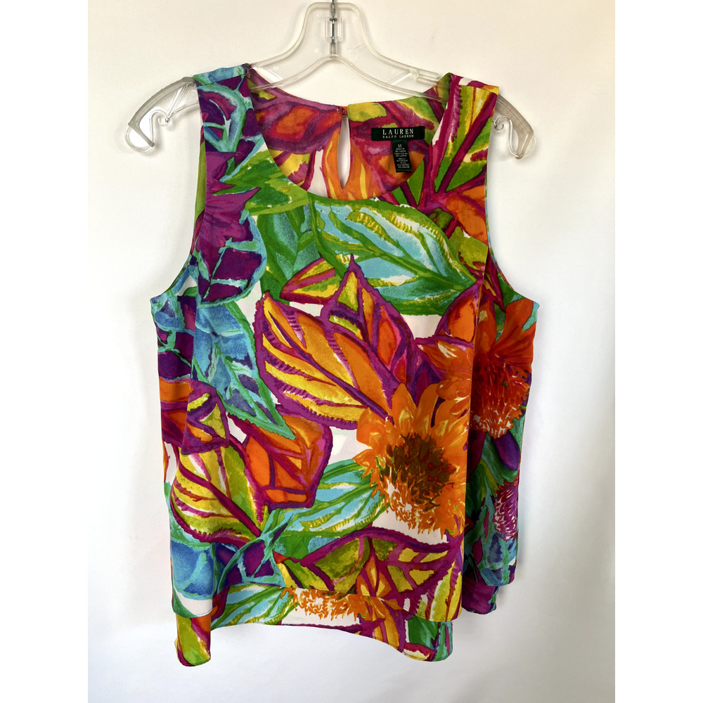 Lauren Ralph Lauren Artsy Sunflower Floral Tiered‎ Tank Top Size M